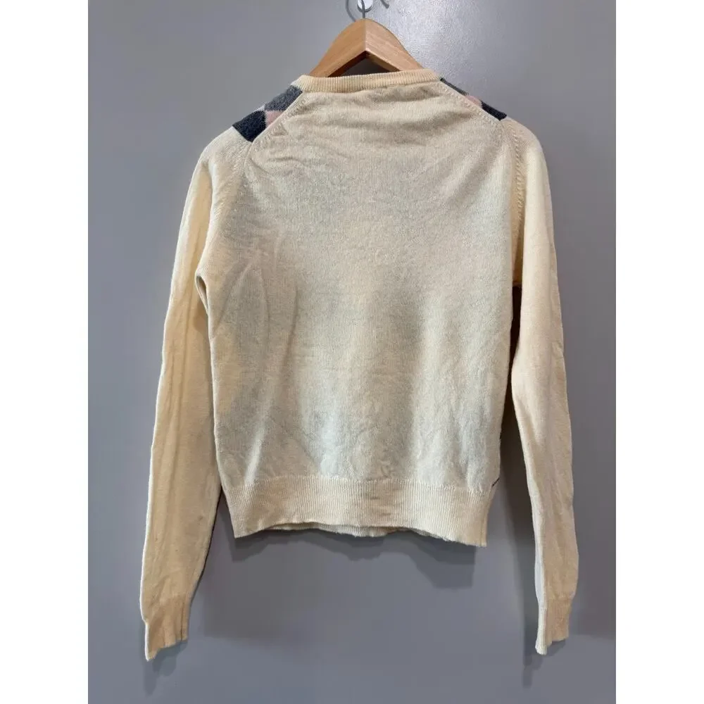 James Pringle Sweater unisex pink cream gray Argyle lux soft Wool Scotland Sz-M